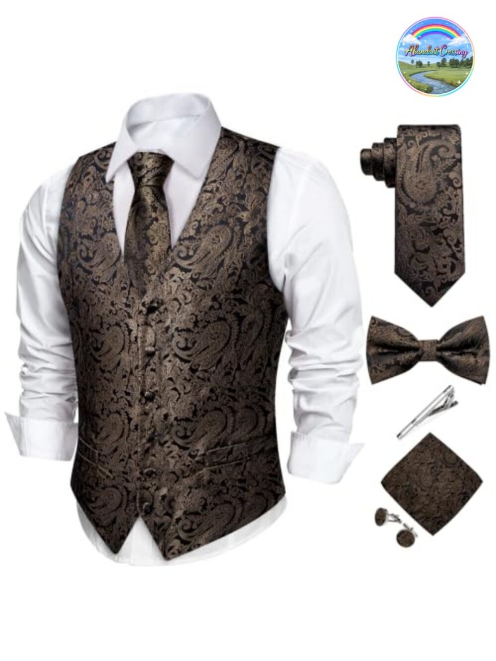 Silk Paisley Vest and Necktie Set 6PCS Pre-tied Bow Tie Formal Waistcoat